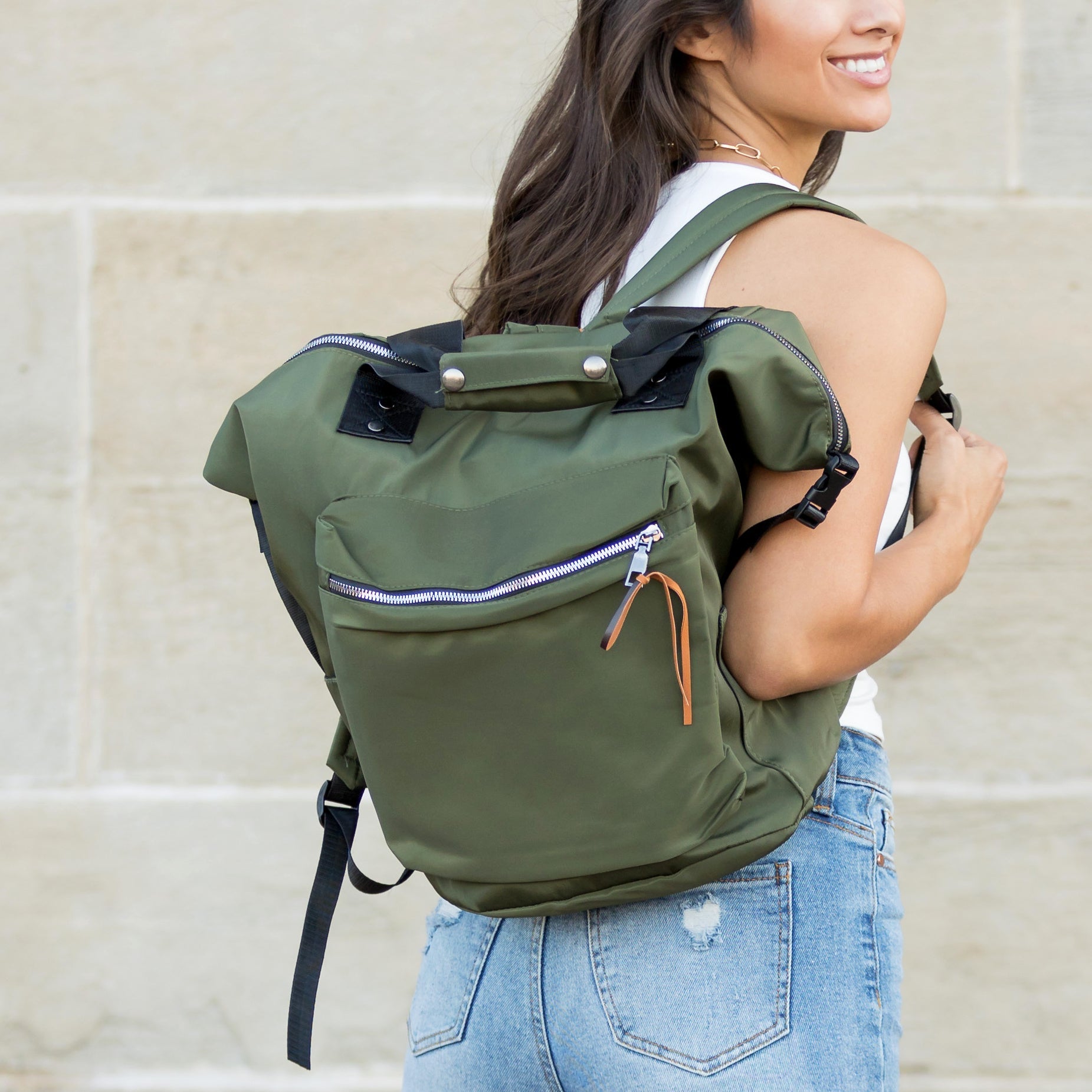 AVAH - olive green utility backpack with front zip pocket and adjustable backpack straps