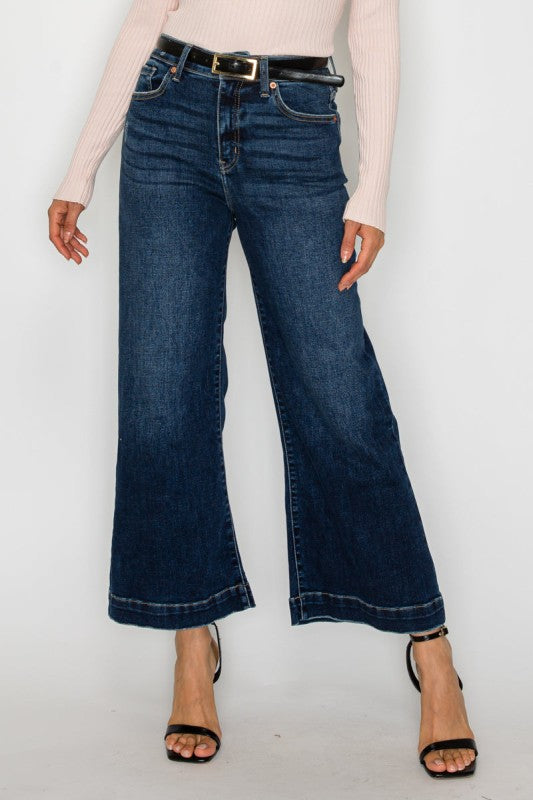 Dark stone wash wide leg jeans front view