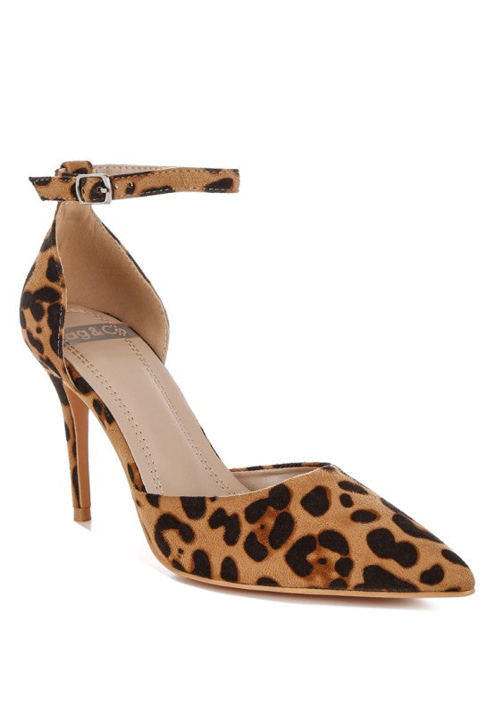 front angled view of leopard print ankle strap stiletto heel