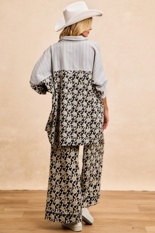 Florence Mixed Print Button Down Shirt with cream floral print, gray striped panels and contrasting chest pocket, styled with matching floral pants - back view