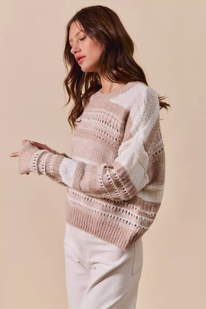 Sandstone Striped Open Knit Sweater in soft taupe and ivory with long sleeves and textured openwork stitching, side view