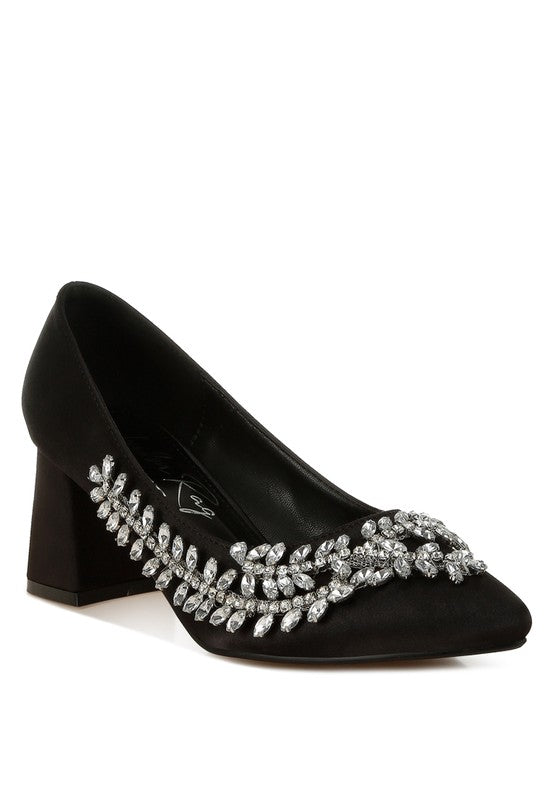 Black satin block heel with crystal embellishment, angled front