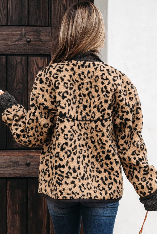 back view of leopard fleece jacket showing relaxed silhouette