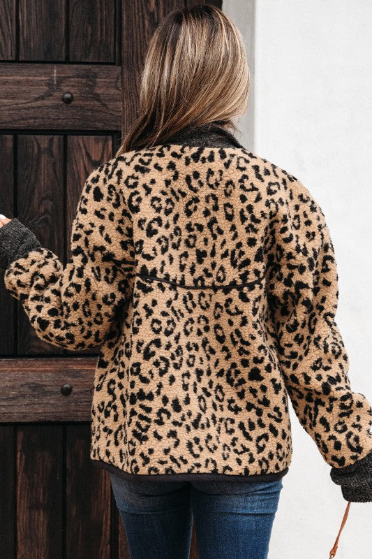 back view of leopard fleece jacket showing relaxed silhouette