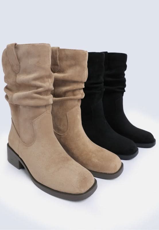 Taupe and black faux suede slouch boots with square toe and block heel, displayed side by side-AVAH