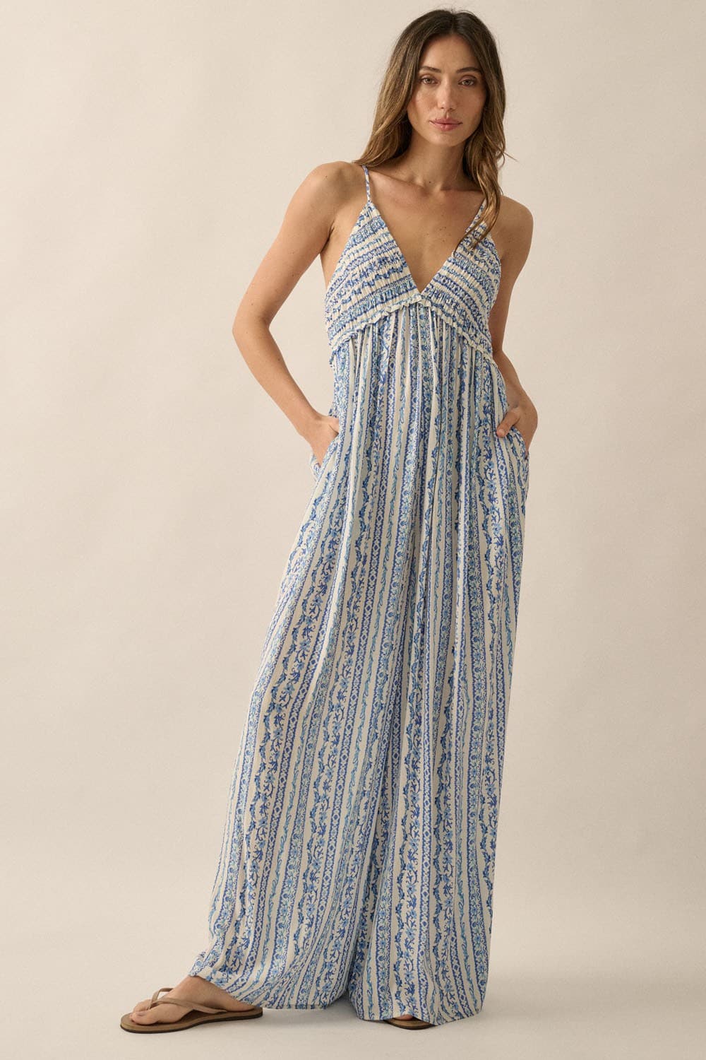 AVAH-Mediterranean-Breeze-V-Neck-Wide-Leg-Jumpsuit-Blue and White