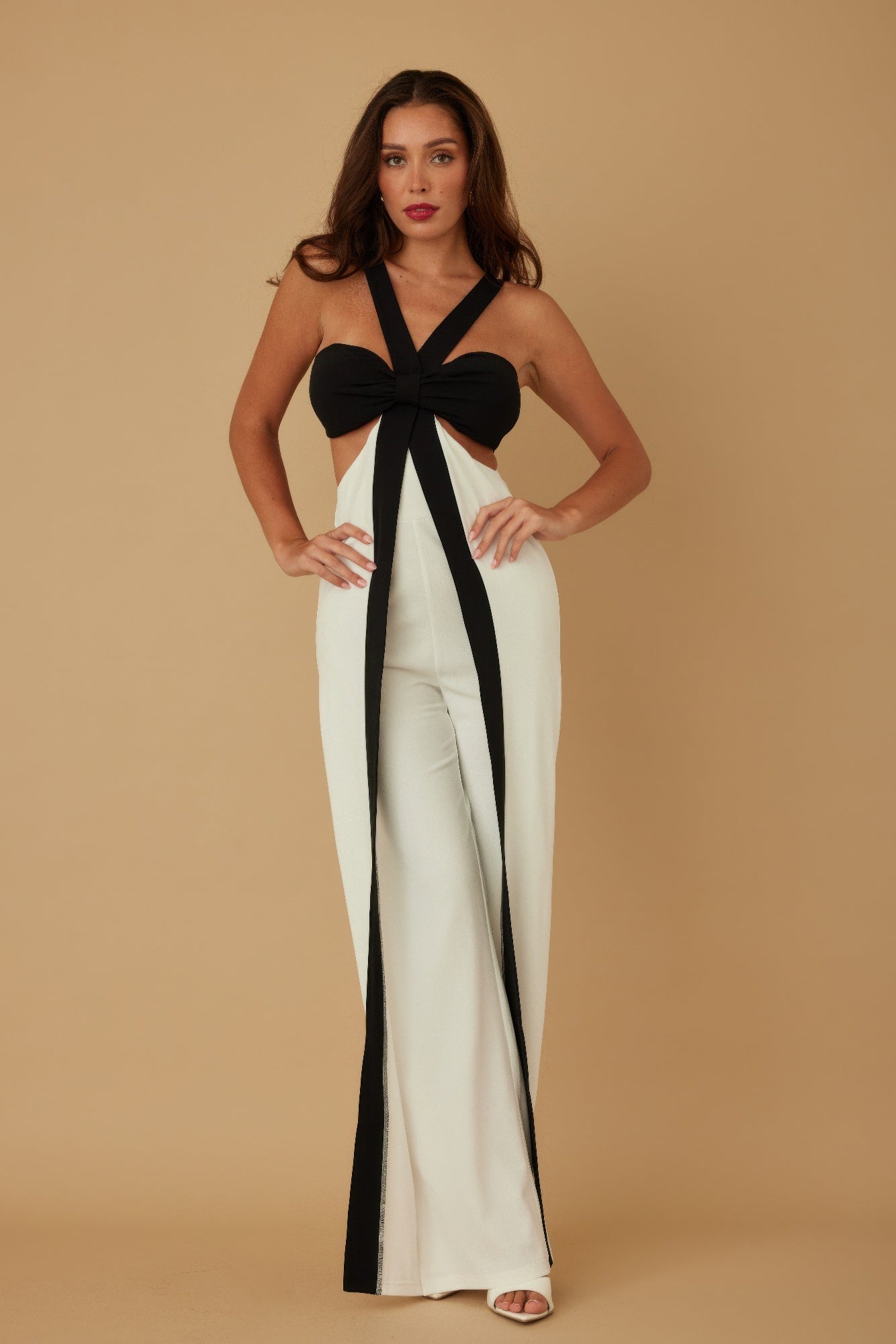 AVAH Showstopper Bow-Front Wide Leg Jumpsuit - White-