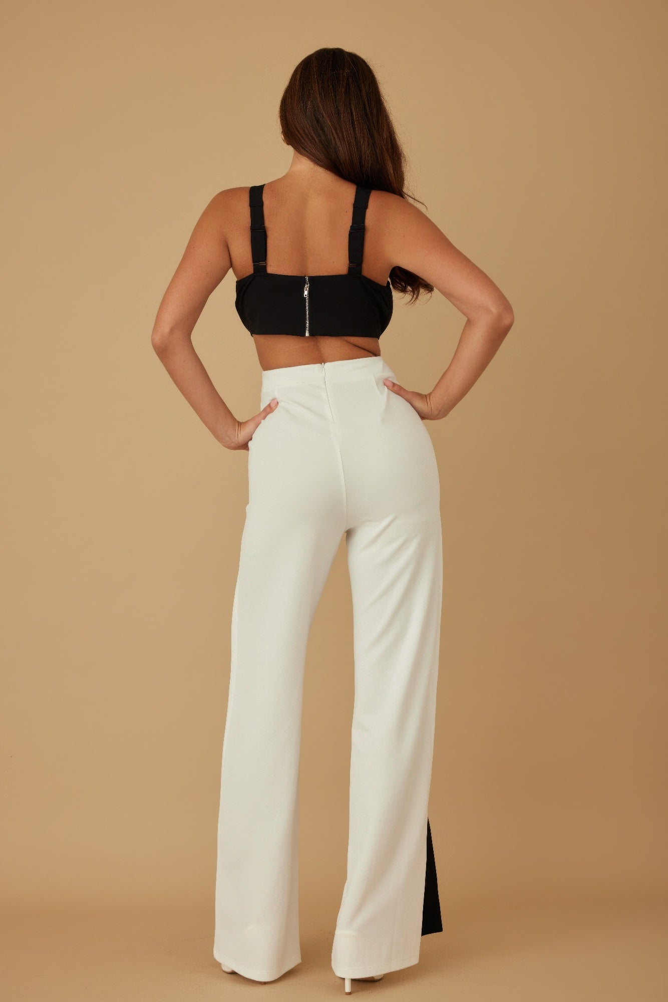 Model showcasing the back of a black wide leg jumpsuit against a beige background