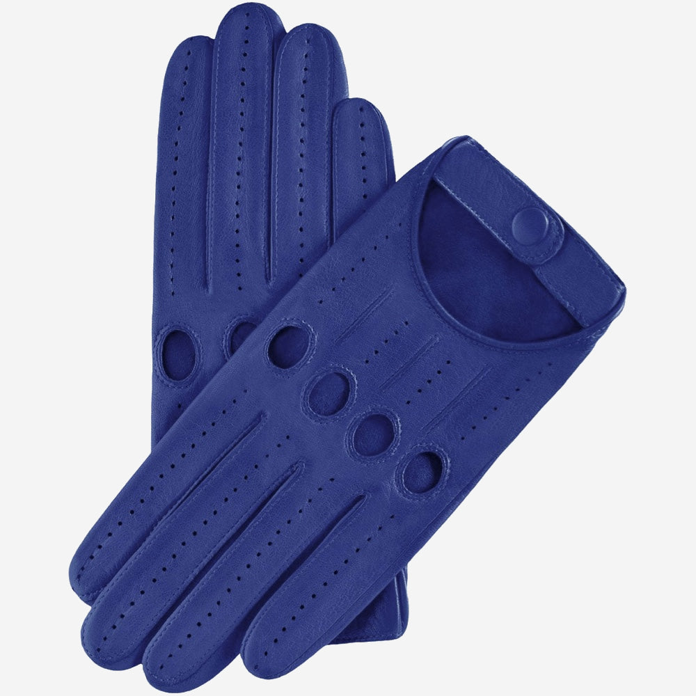 Pair of blue leather gloves on a white background