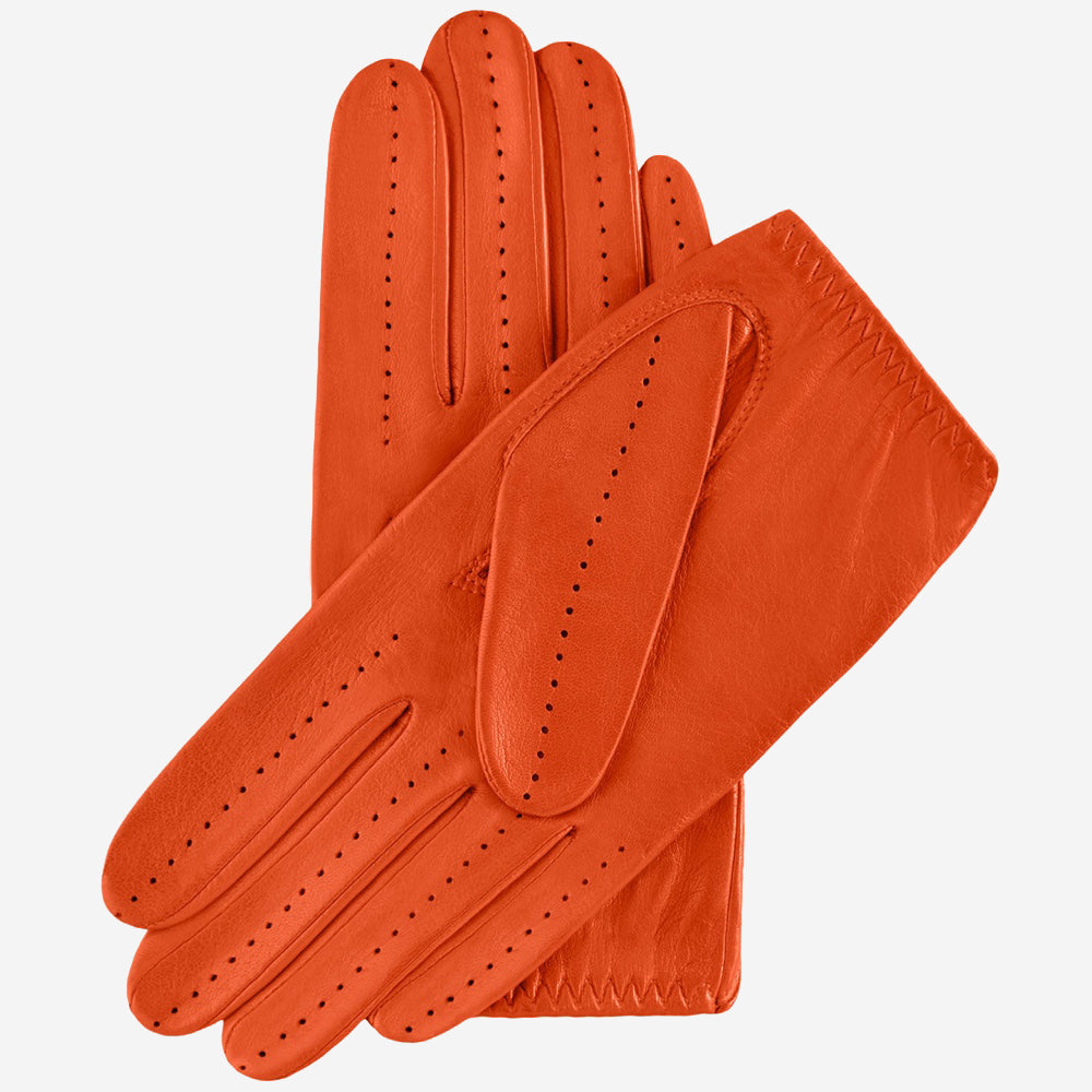Pair of orange leather gloves on a white background