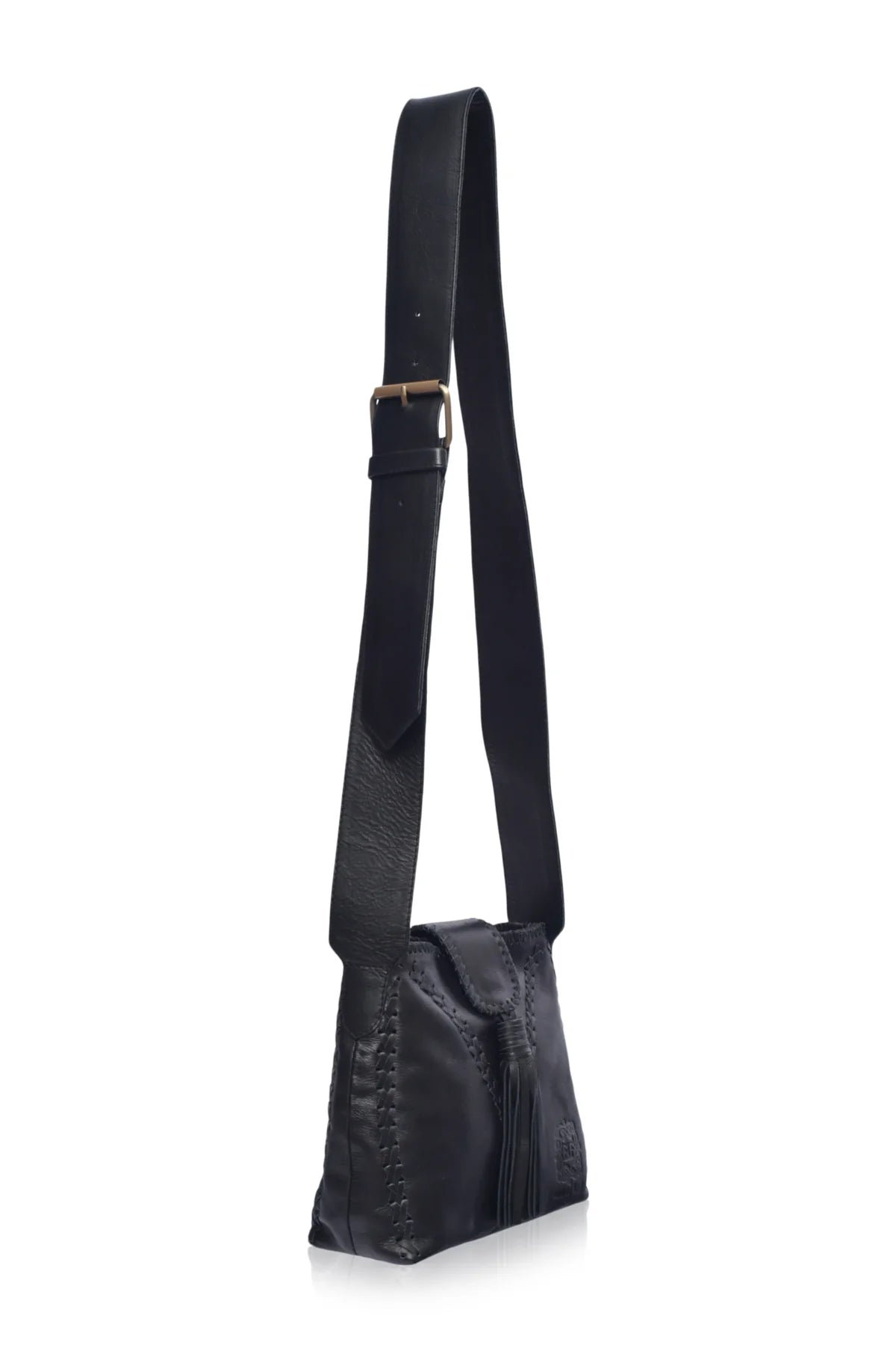 Black leather crossbody bag on a white background