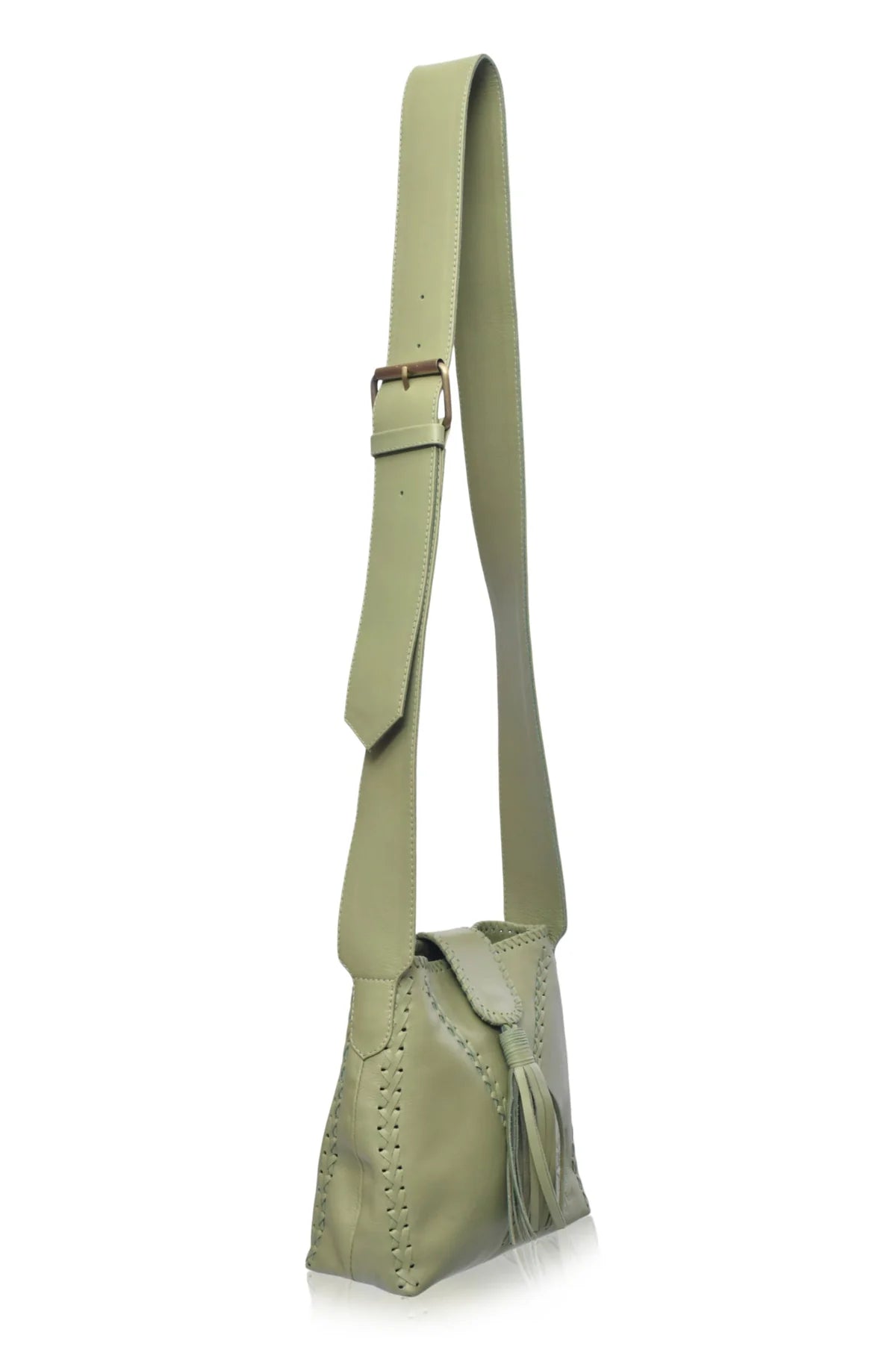 Olive green leather shoulder bag with a matching adjustable strap, featuring a tassel detail and decorative perforations on the front, shown against a plain white background.