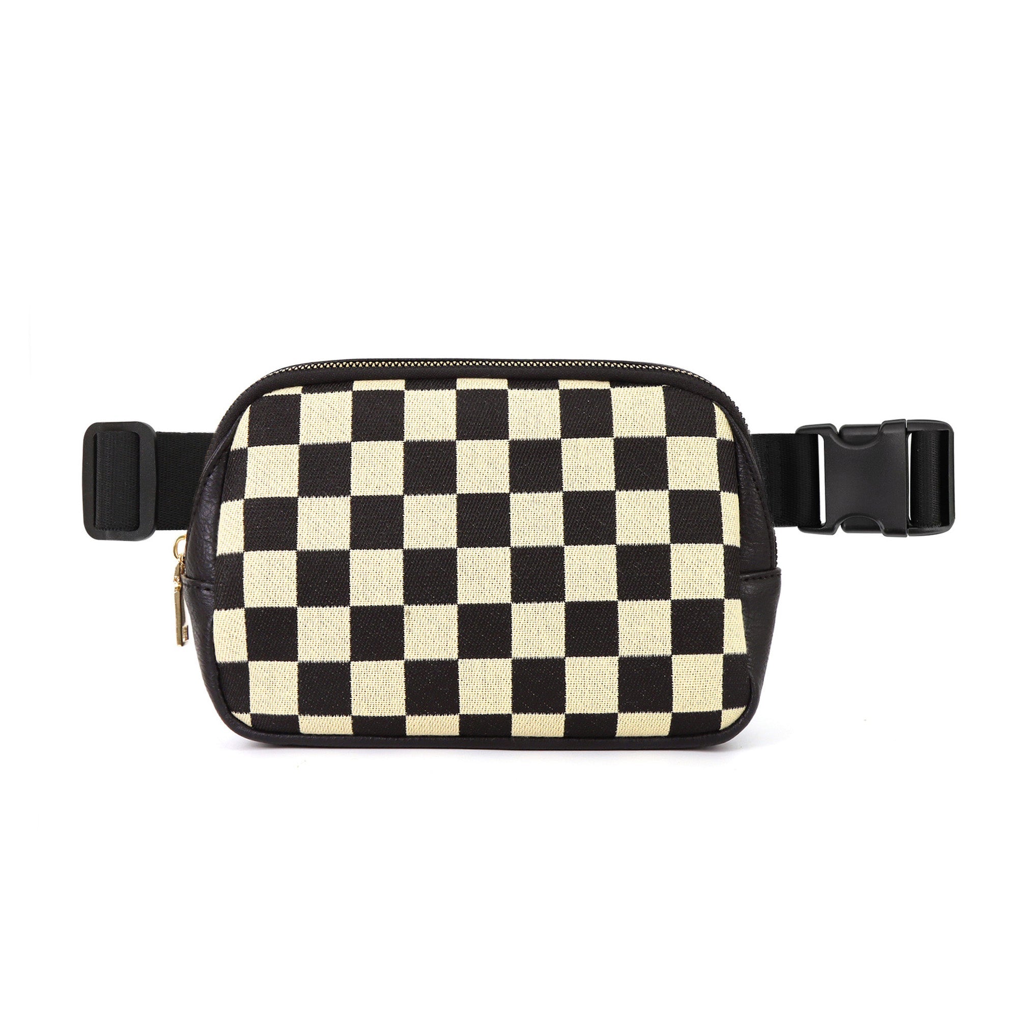 AVAH-Checkered fanny pack with black canvas straps on a white background