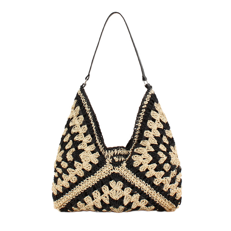 Woven straw shoulder bag with Vegan leather fixed strap and magnetic clasp closure in black multi