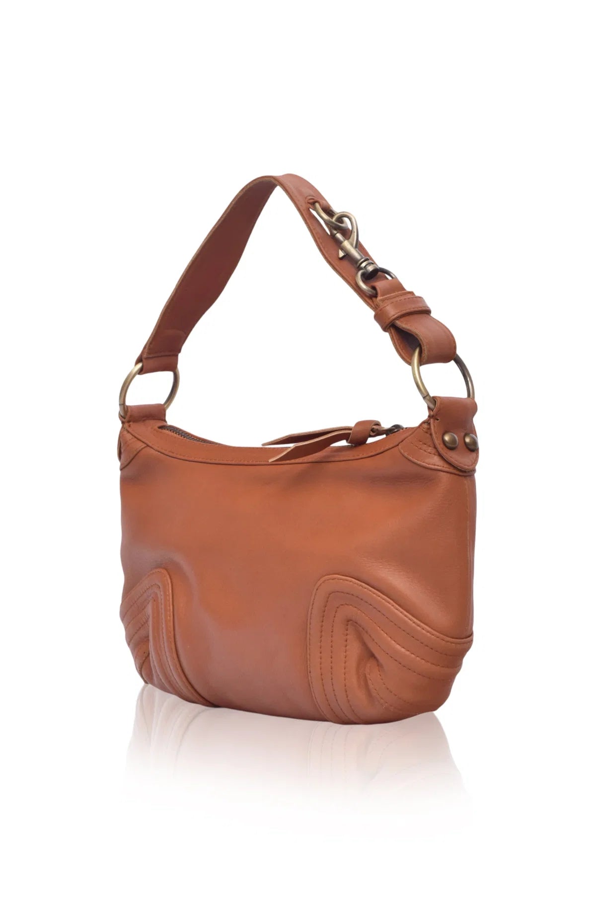 Camel leather handbag on a white background