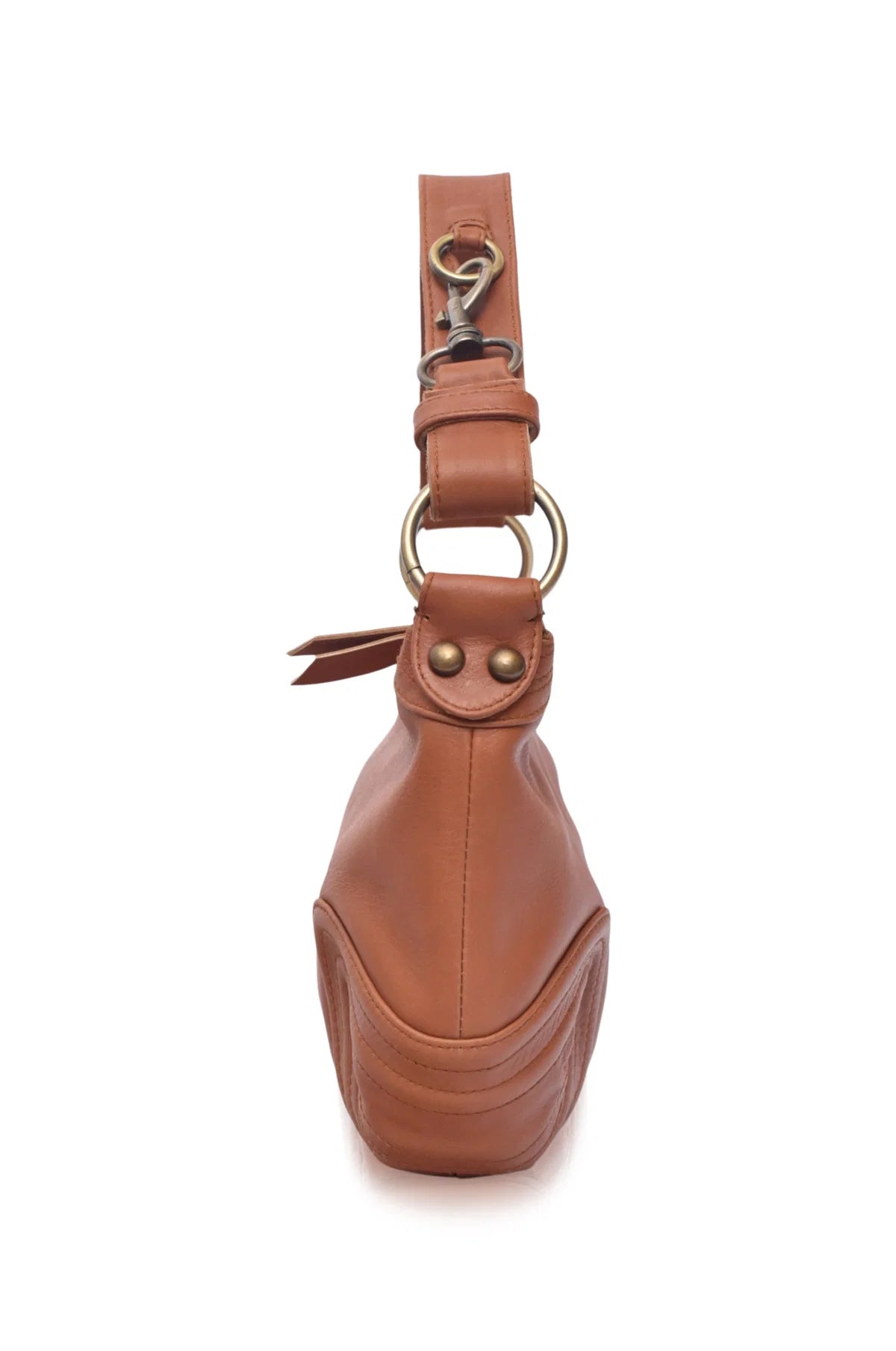 Camel leather bag with a strap handle and hardware on a white background side view