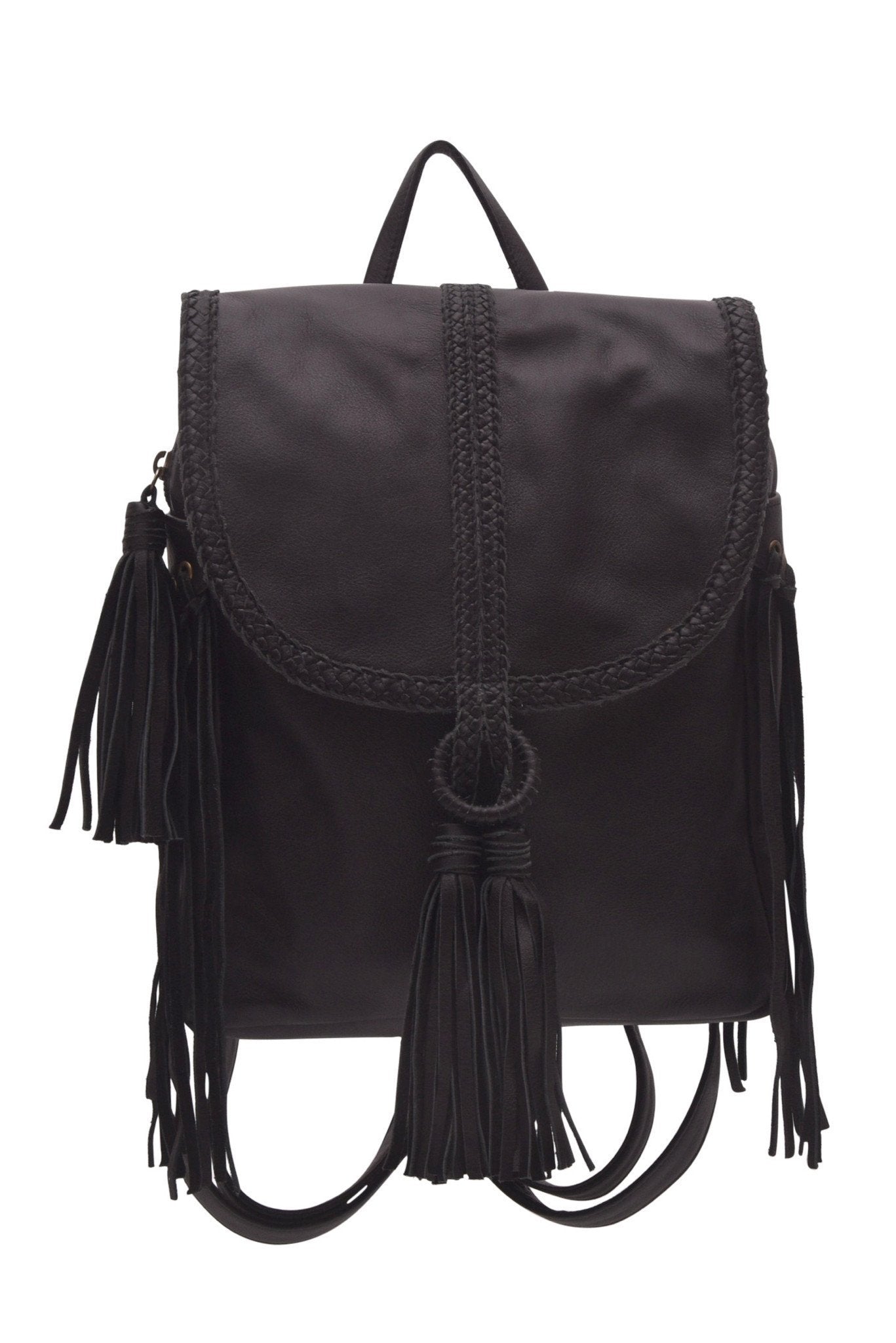 Black leather backpack with fringe details on a white background