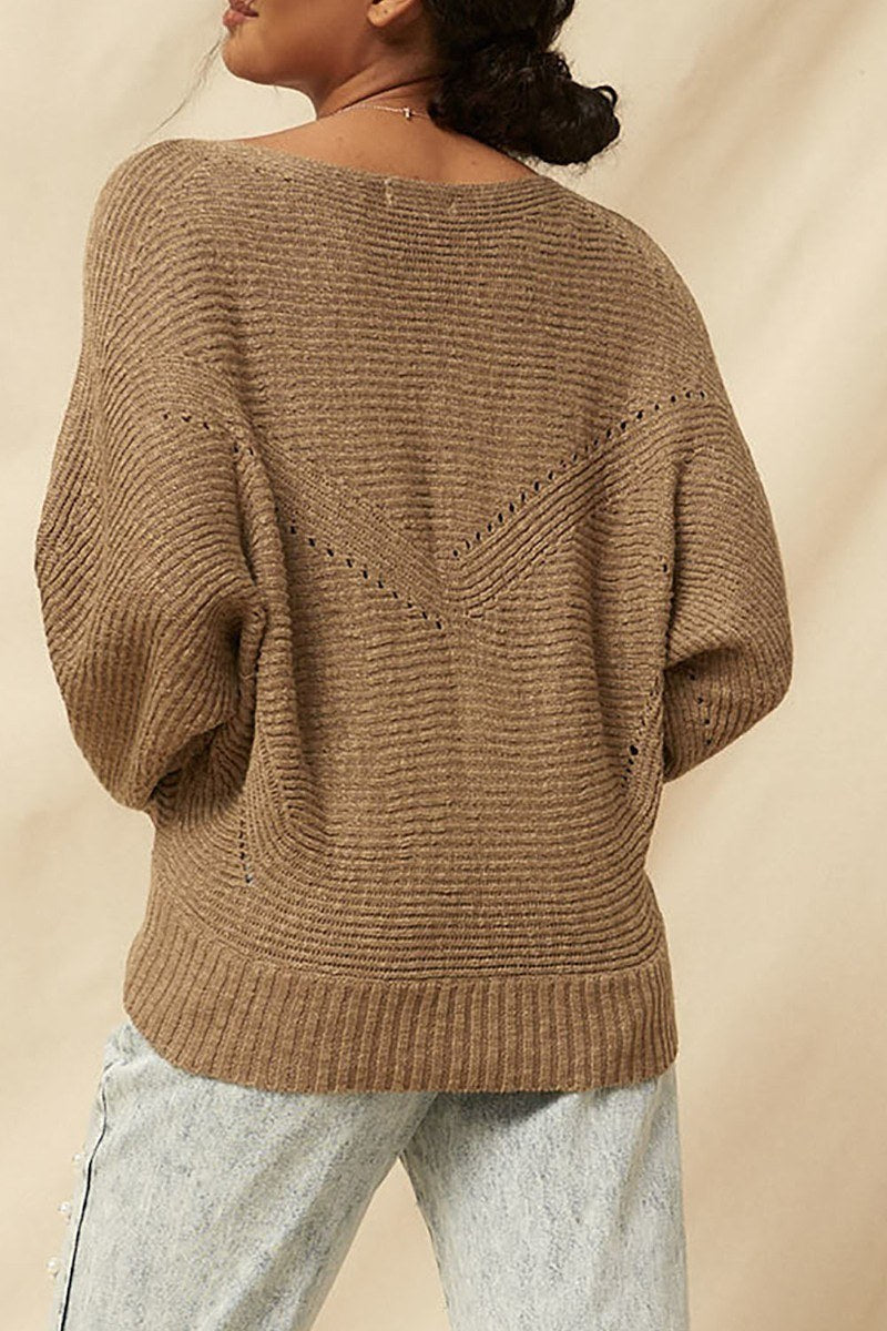 Back of taupe rib knit sweater featuring ribbed texture, eyelet details, and relaxed drape, styled with rolled hem jeans.