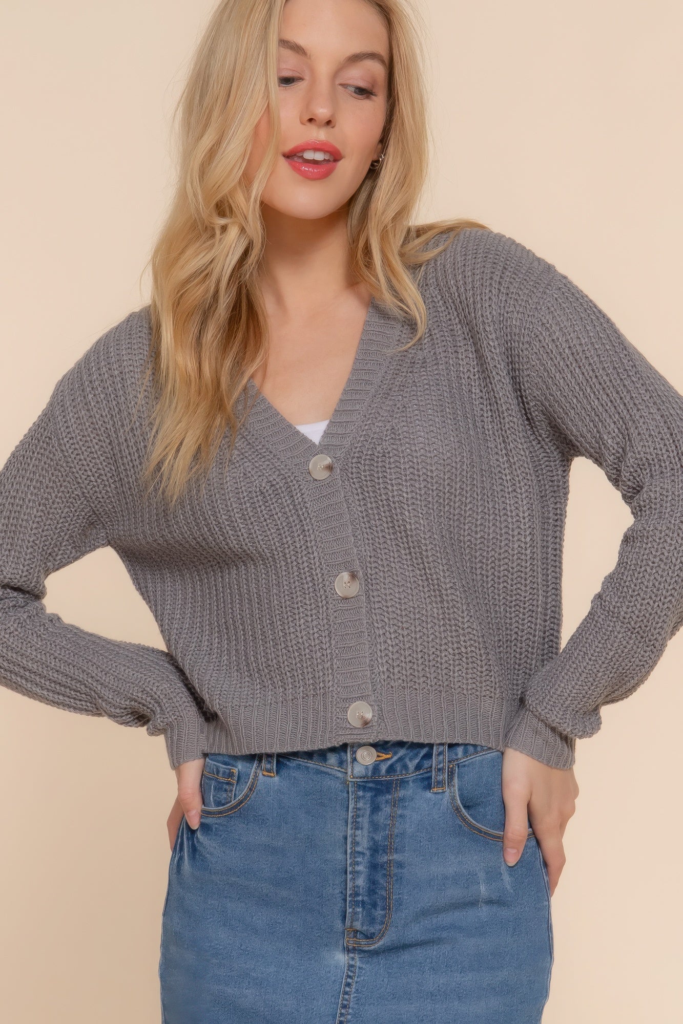 Close-up of gray knit cropped cardigan showing button detail and ribbed texture-AVAH