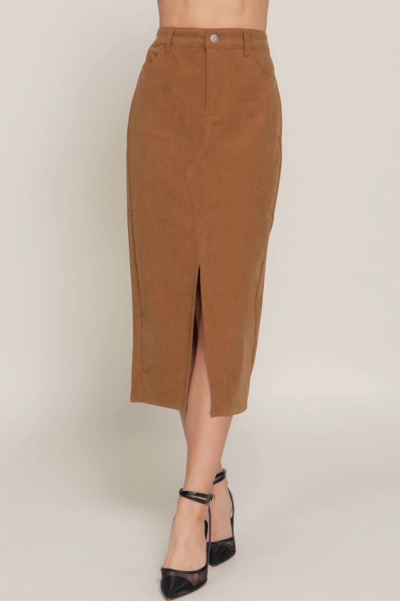 Close-up of sienna corduroy midi skirt showing front slit and pocket detail-AVAH