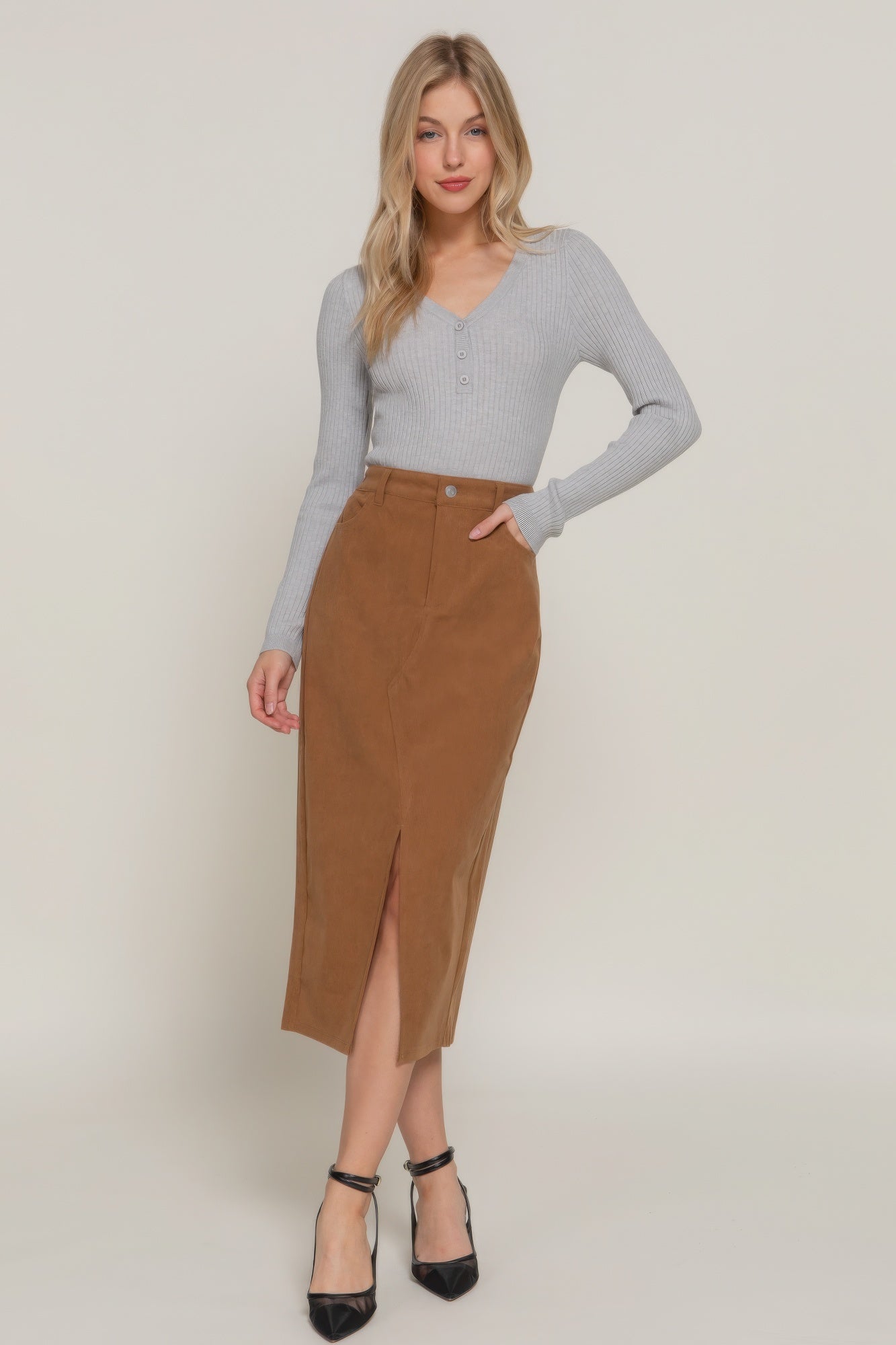 Front view of sienna corduroy midi skirt with front slit, styled with grey ribbed top-AVAH
