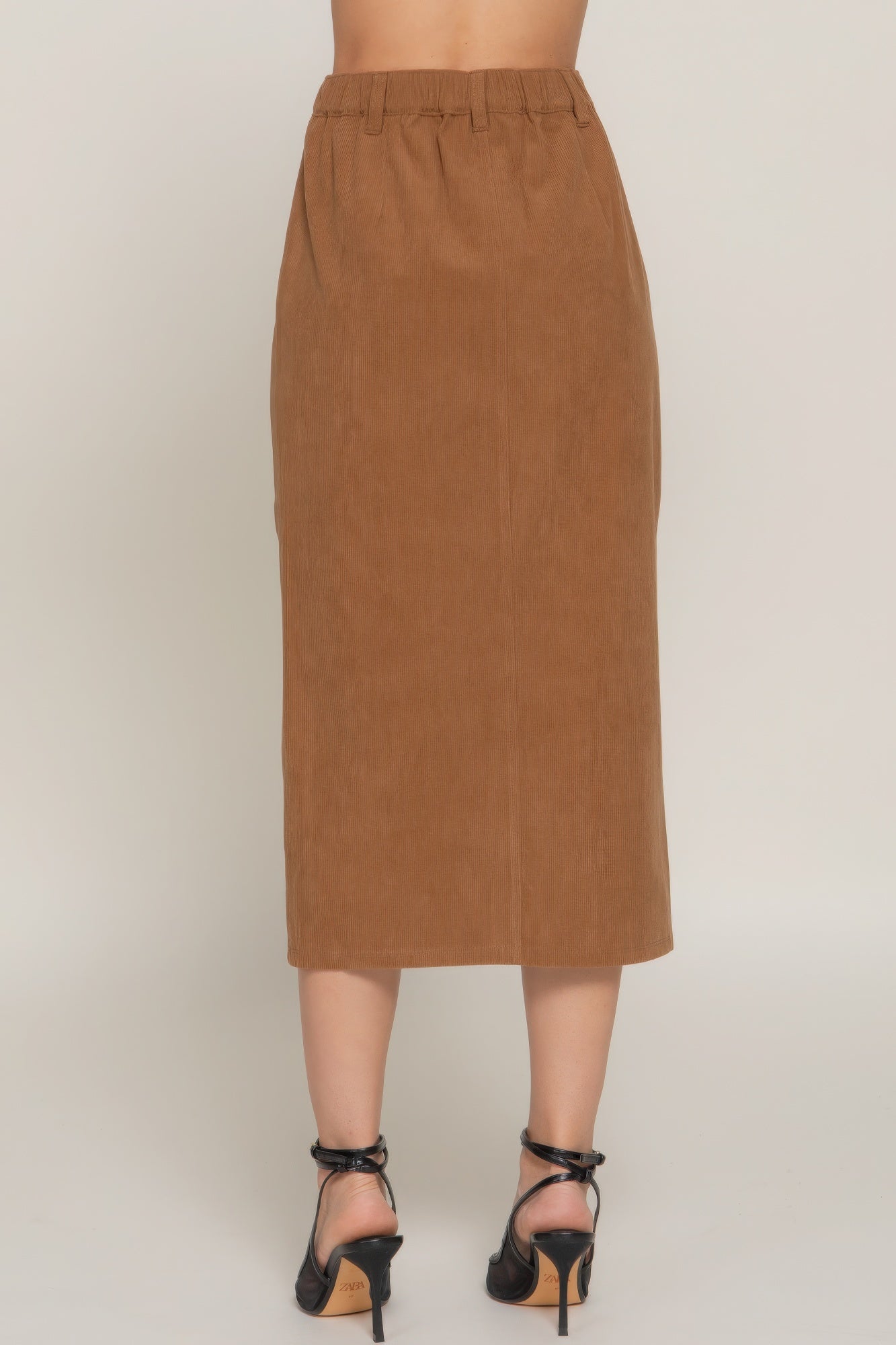 Back view of sienna corduroy midi skirt with elastic waistband-AVAH