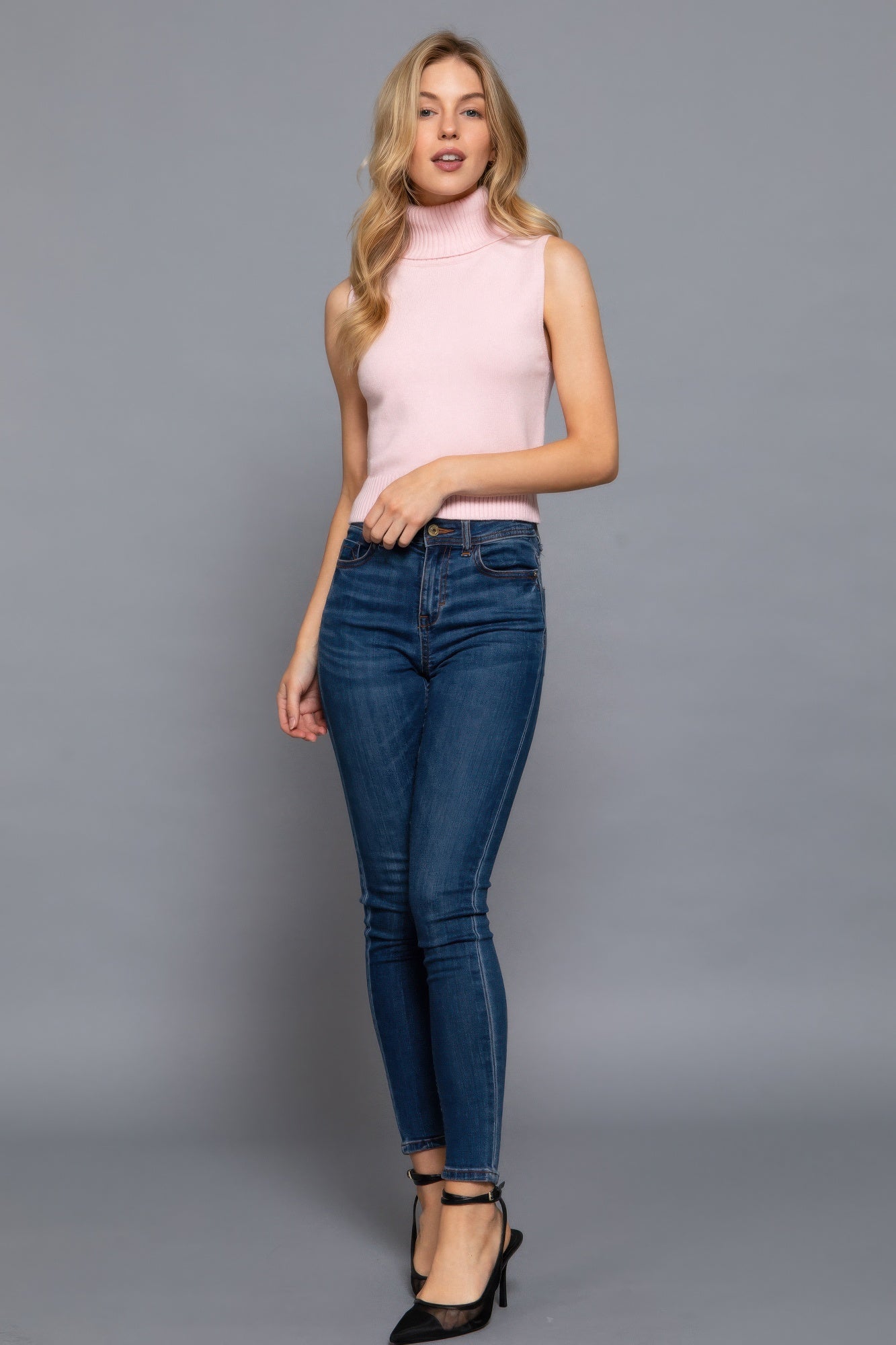 Full outfit with blush sleeveless turtleneck and jeans, standing pose-AVAH