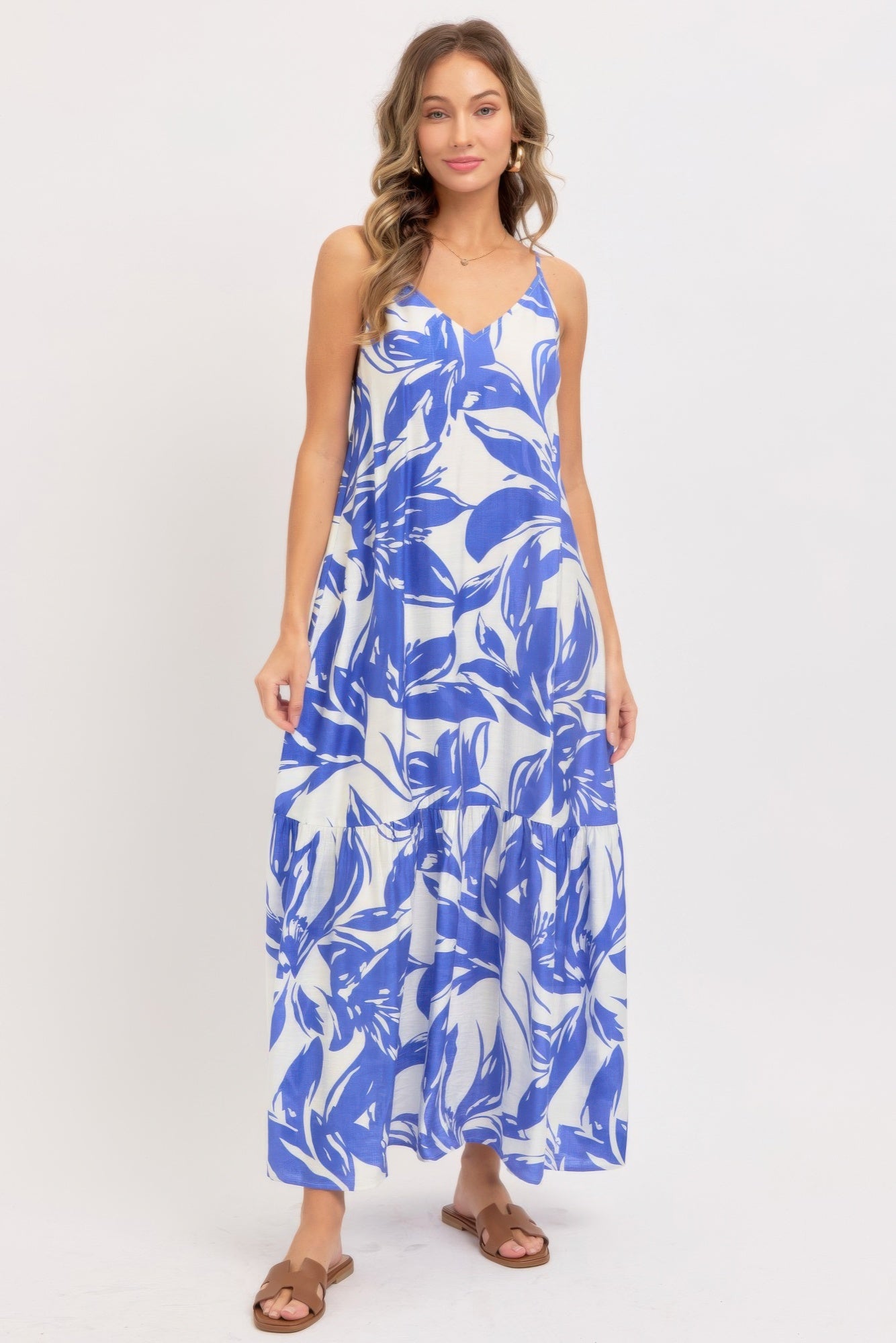 Blue and white floral maxi dress front view