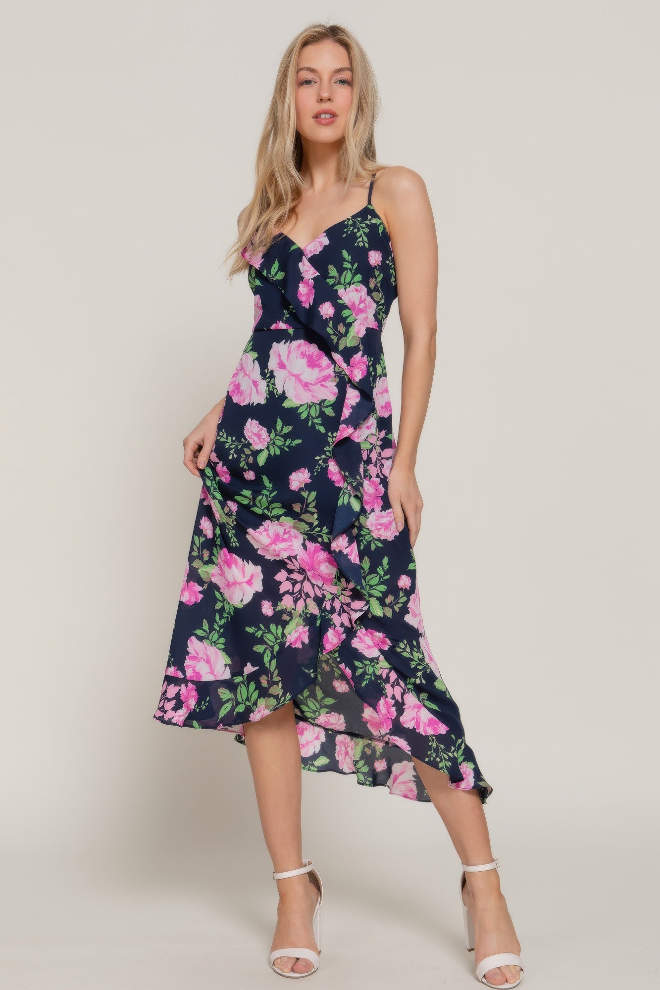 Front view of navy floral midi dress with cascading ruffle detail and V-neckline-AVAH