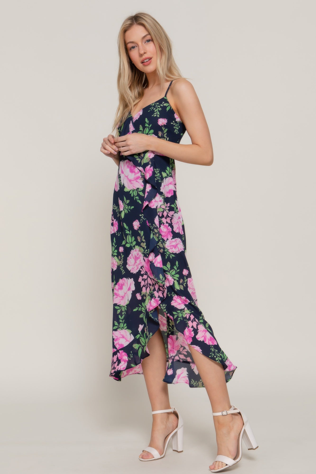 Side view of floral ruffle midi dress showing adjustable straps and flowy hem-AVAH