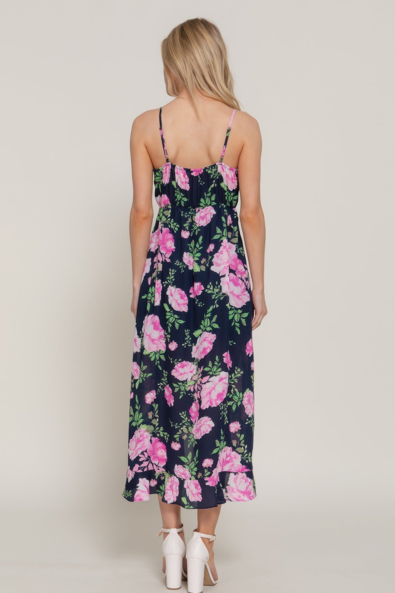 Back view of navy floral print midi dress with gathered detail and strappy back-AVAH