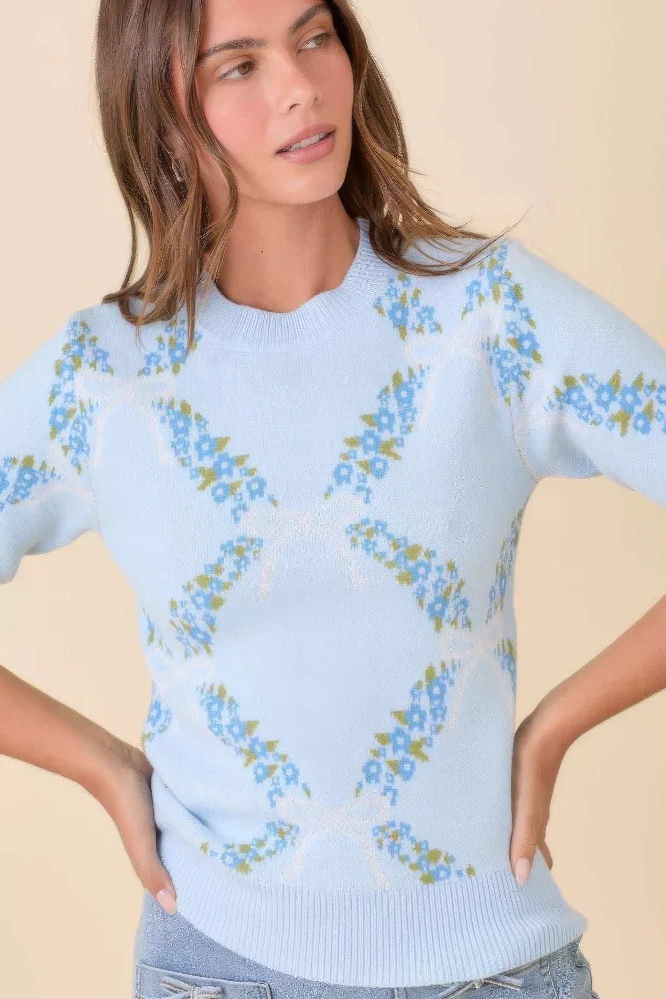 Model wearing light blue floral-pattern short sleeve knit sweater, front view.