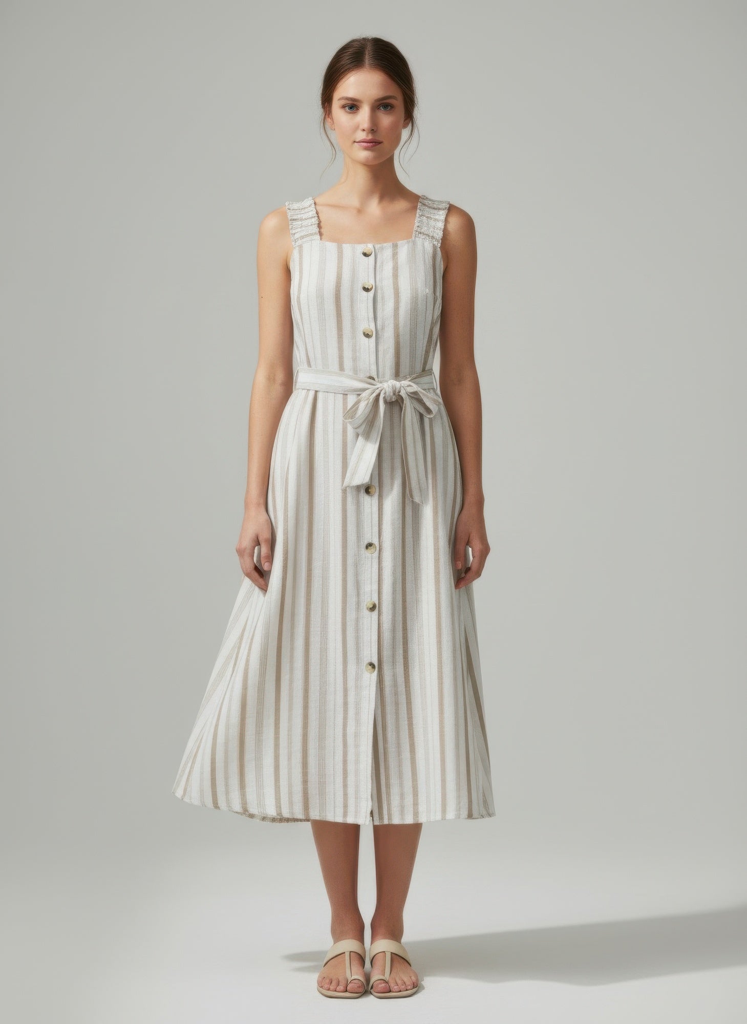 Model wearing striped cotton midi dress with minimal sandals-front view