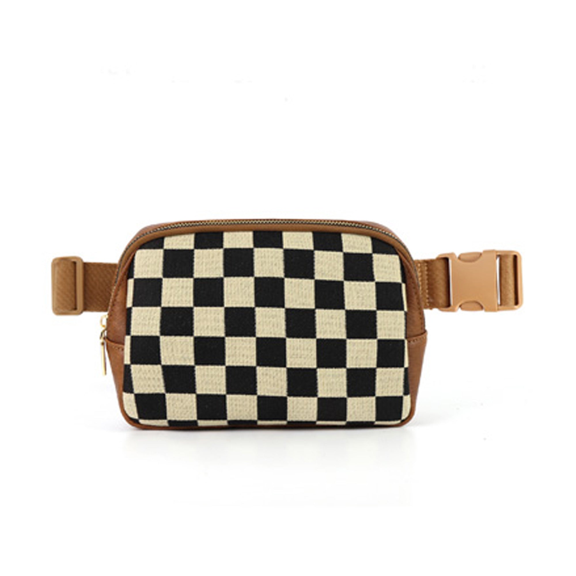 AVAH-brown vegan leather checkered fanny pack with brown canvas straps on a white background