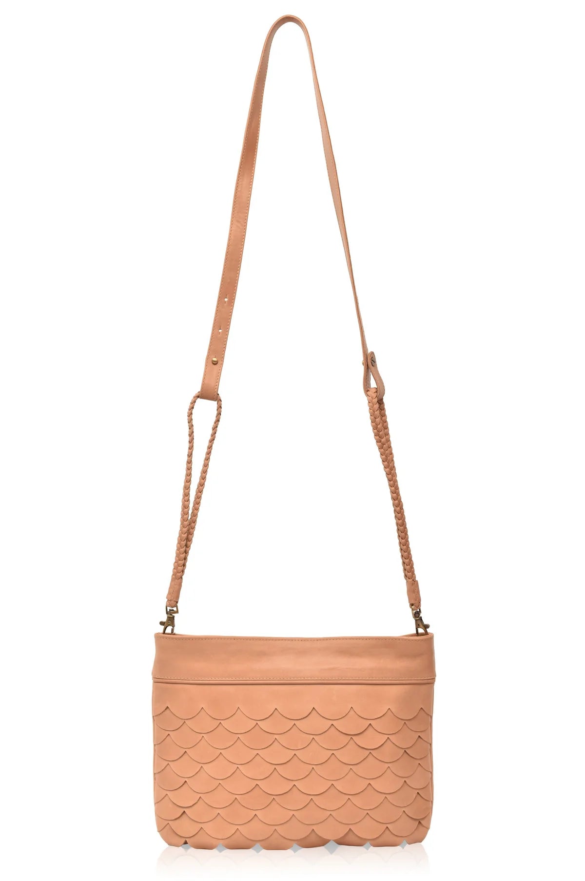Beige Cascade Leather Crossbody Clutch with adjustable woven leather shoulder strap