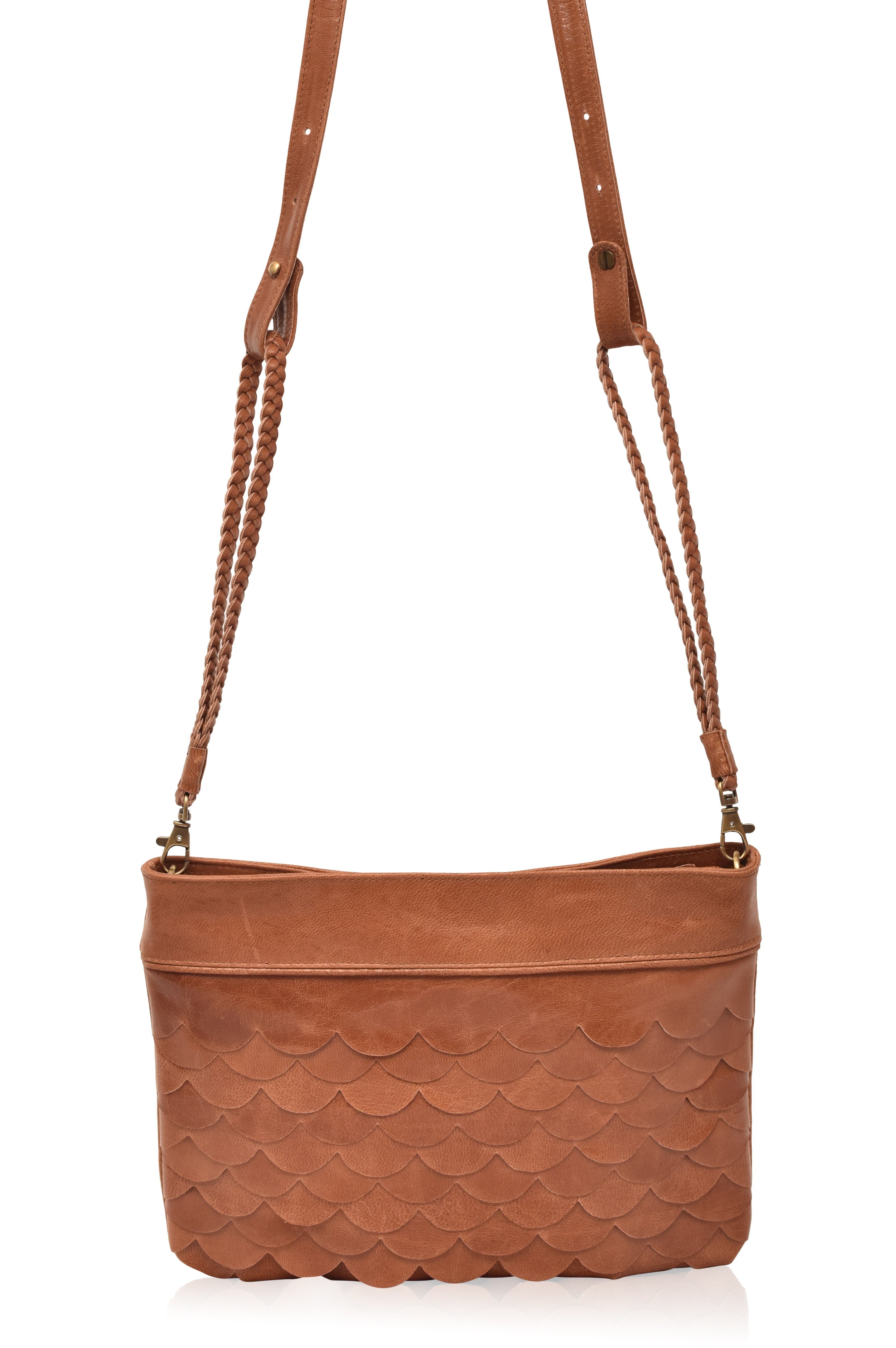 Cascade Leather Crossbody Clutch in vintage camel with detachable woven leather crossbody strap