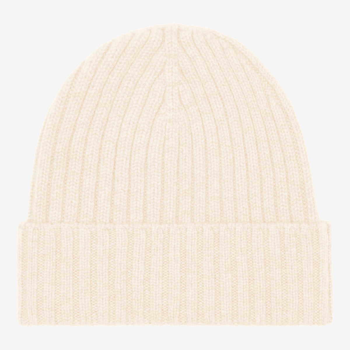 Ivory knit beanie on a light gray background