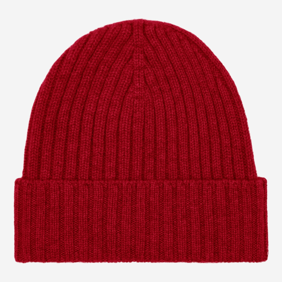 Red cashmere knit beanie on a light gray background