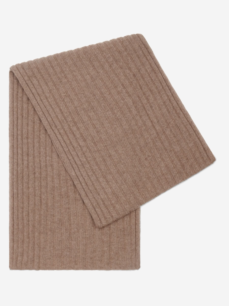 Brown ribbed cashmere knit scarf on a white background