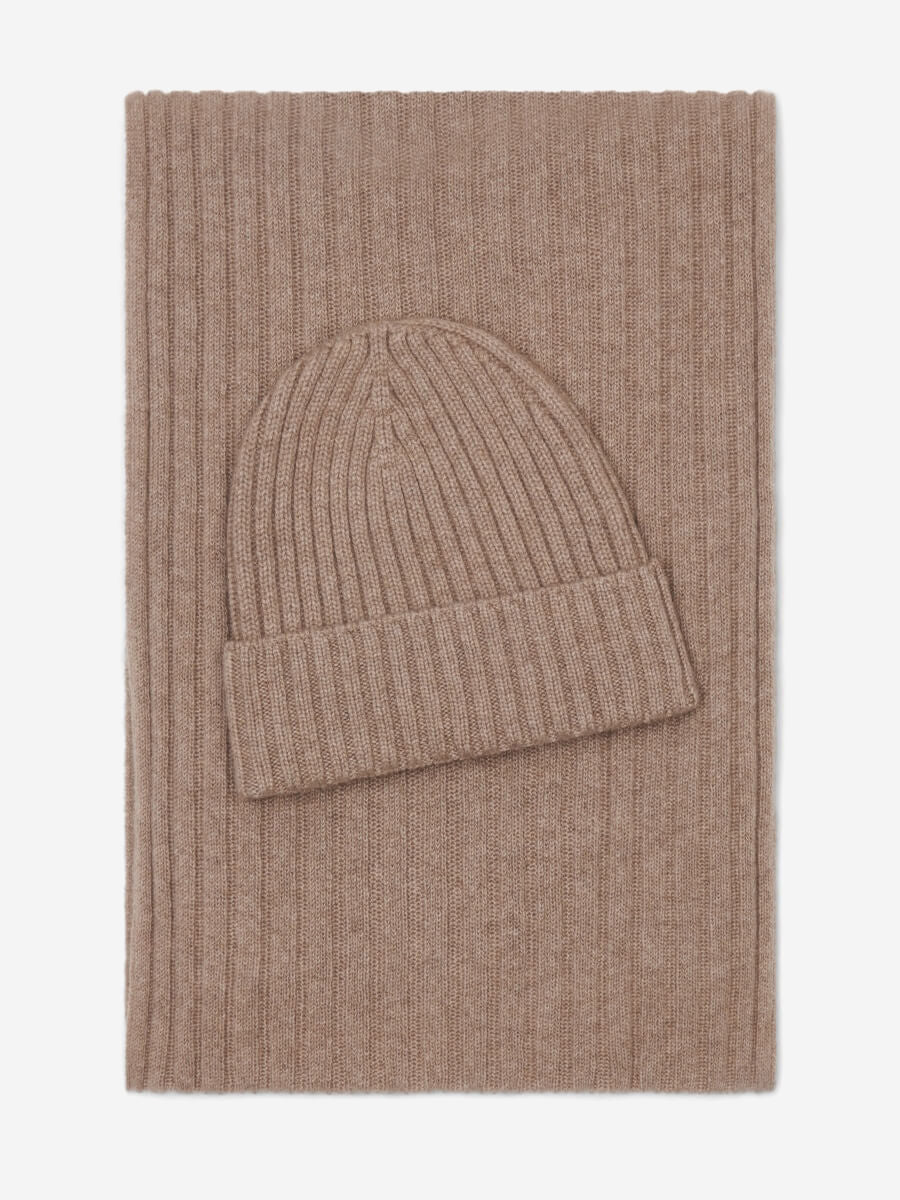 Brown cashmere knit beanie and scarf set on a white background