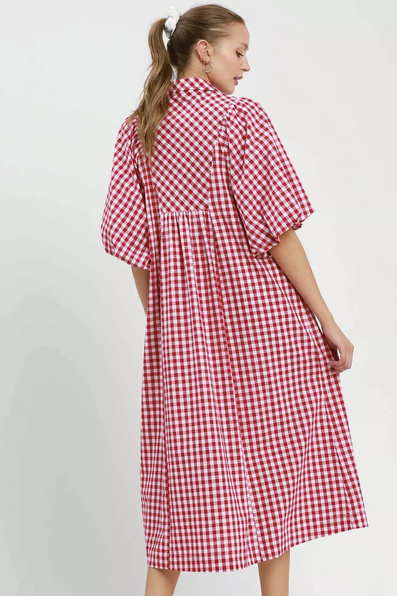 Back view of Cherry Check Gingham Midi Dress showing puff sleeves and full skirt sweep, AVAH