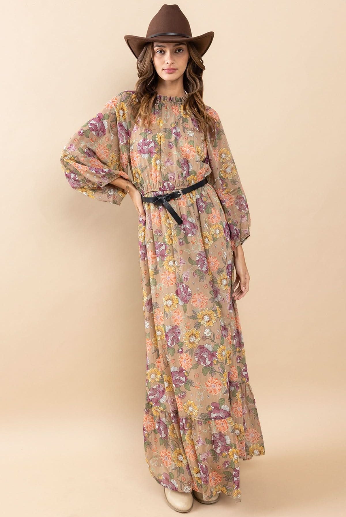 AVAH-Chic Essence Mock Neck Long Sleeve Floral Maxi Dress-Taupe