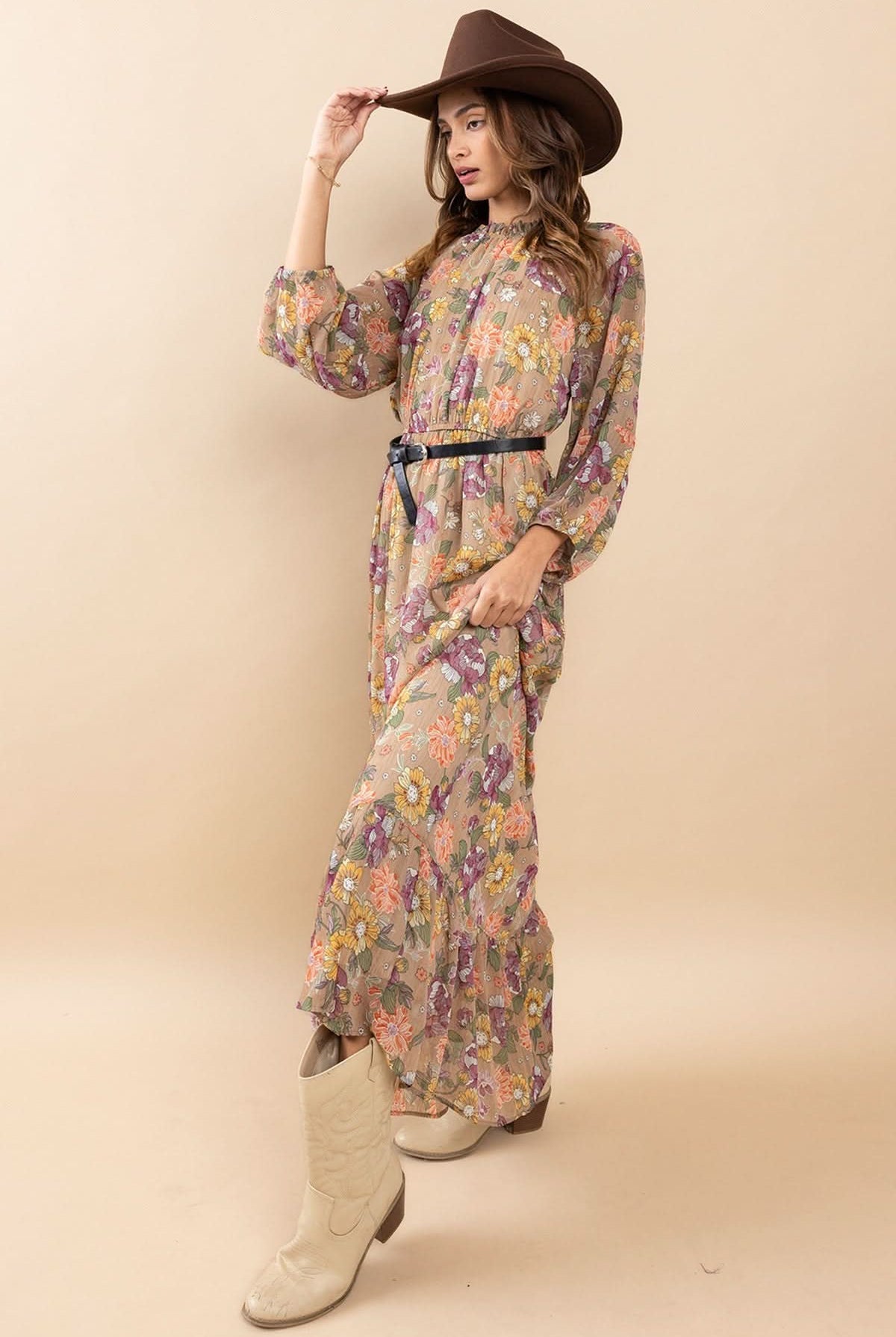 AVAH-Chic Essence Mock Neck Long Sleeve Floral Maxi Dress-Taupe