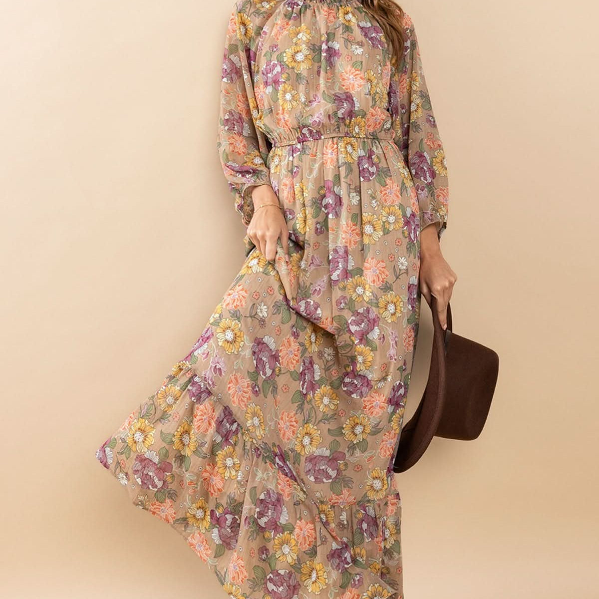 AVAH-Chic Essence Mock Neck Long Sleeve Floral Maxi Dress-Taupe