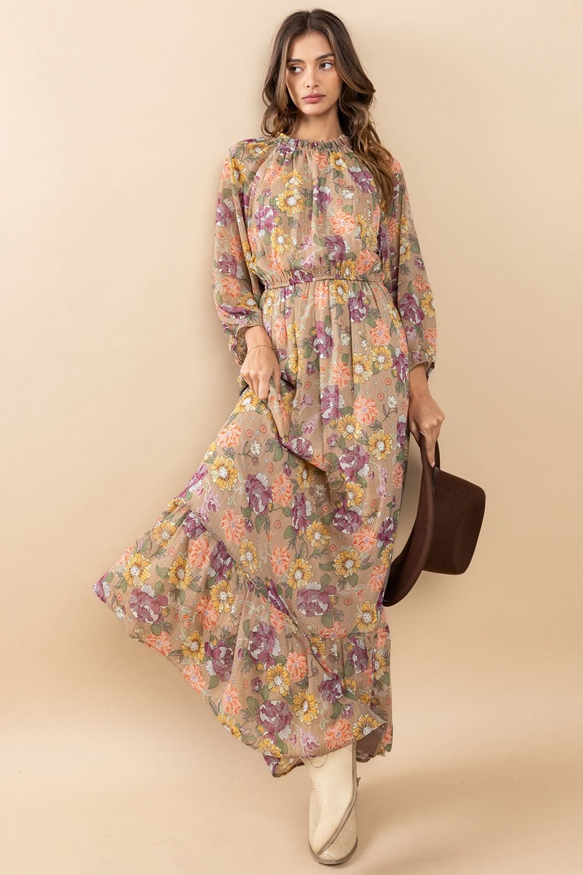 AVAH-Chic Essence Mock Neck Long Sleeve Floral Maxi Dress-Taupe