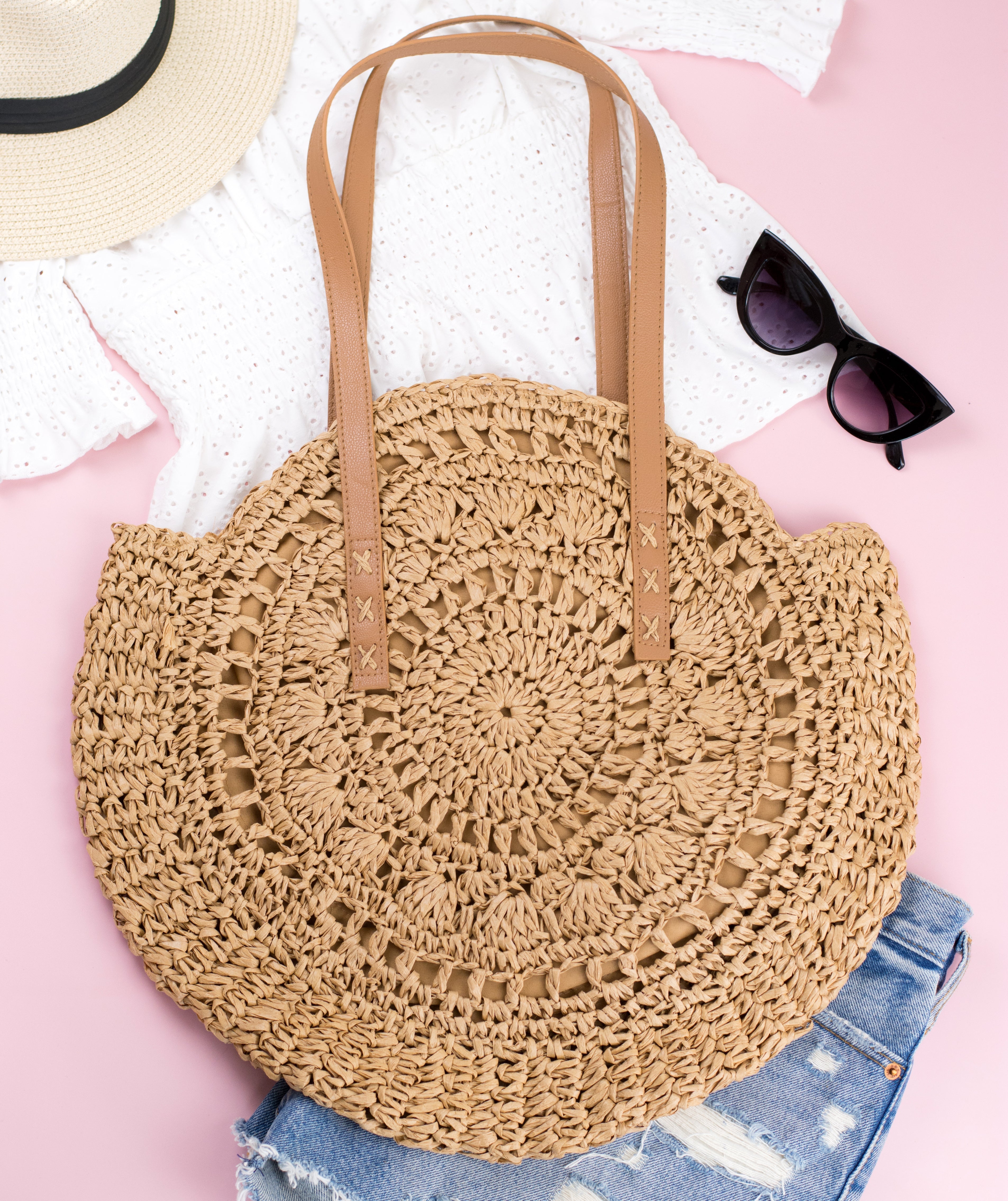 100% straw paper tote with PU leather straps in khaki