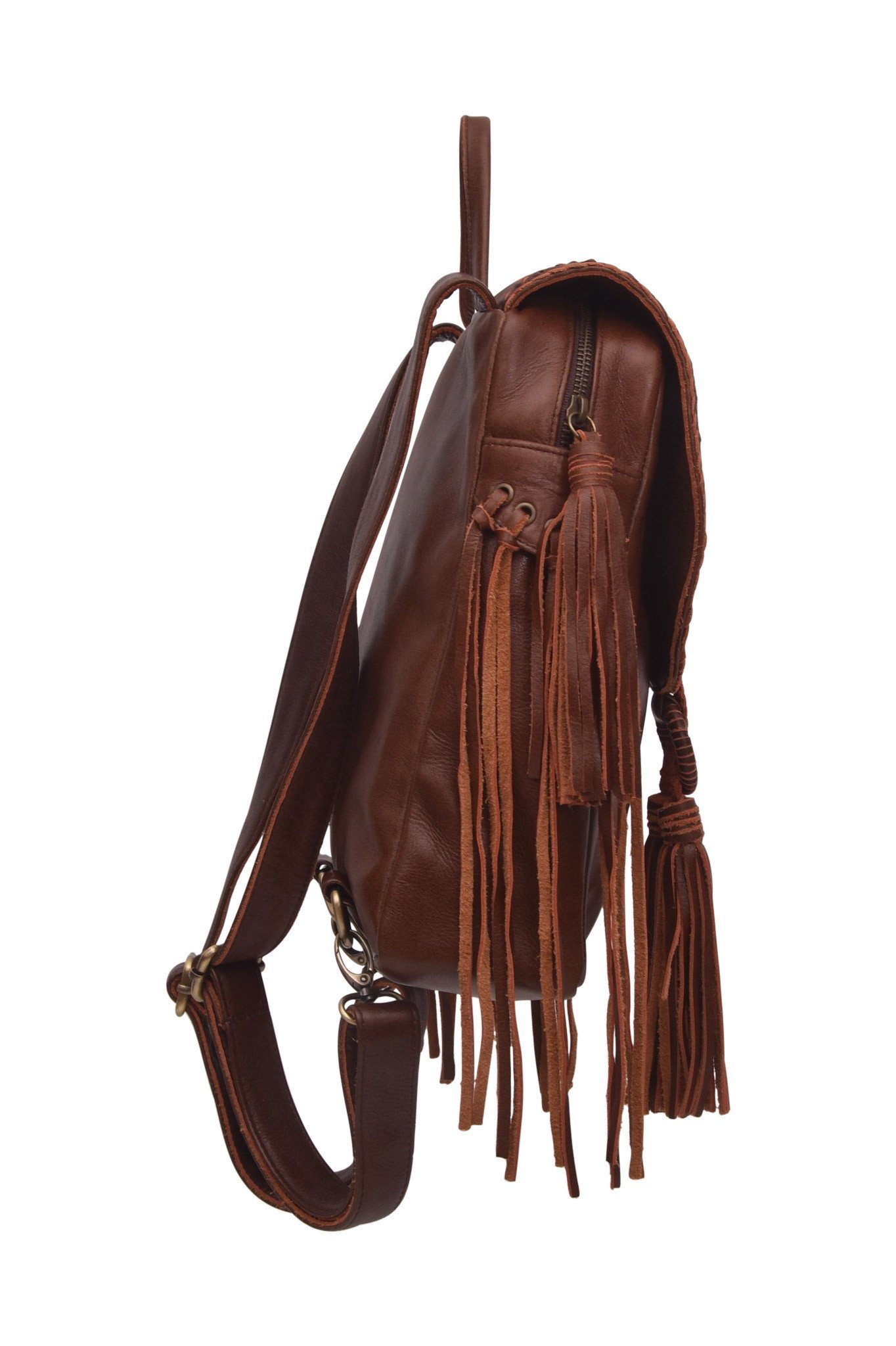 Brown leather bag with fringes on a white background
