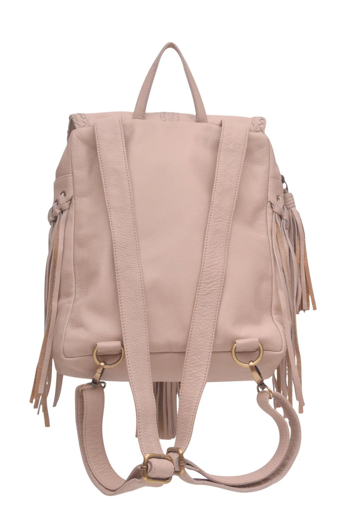 A light beige leather backpack with fringe details on the sides and straps, shown from the back against a white background, back view