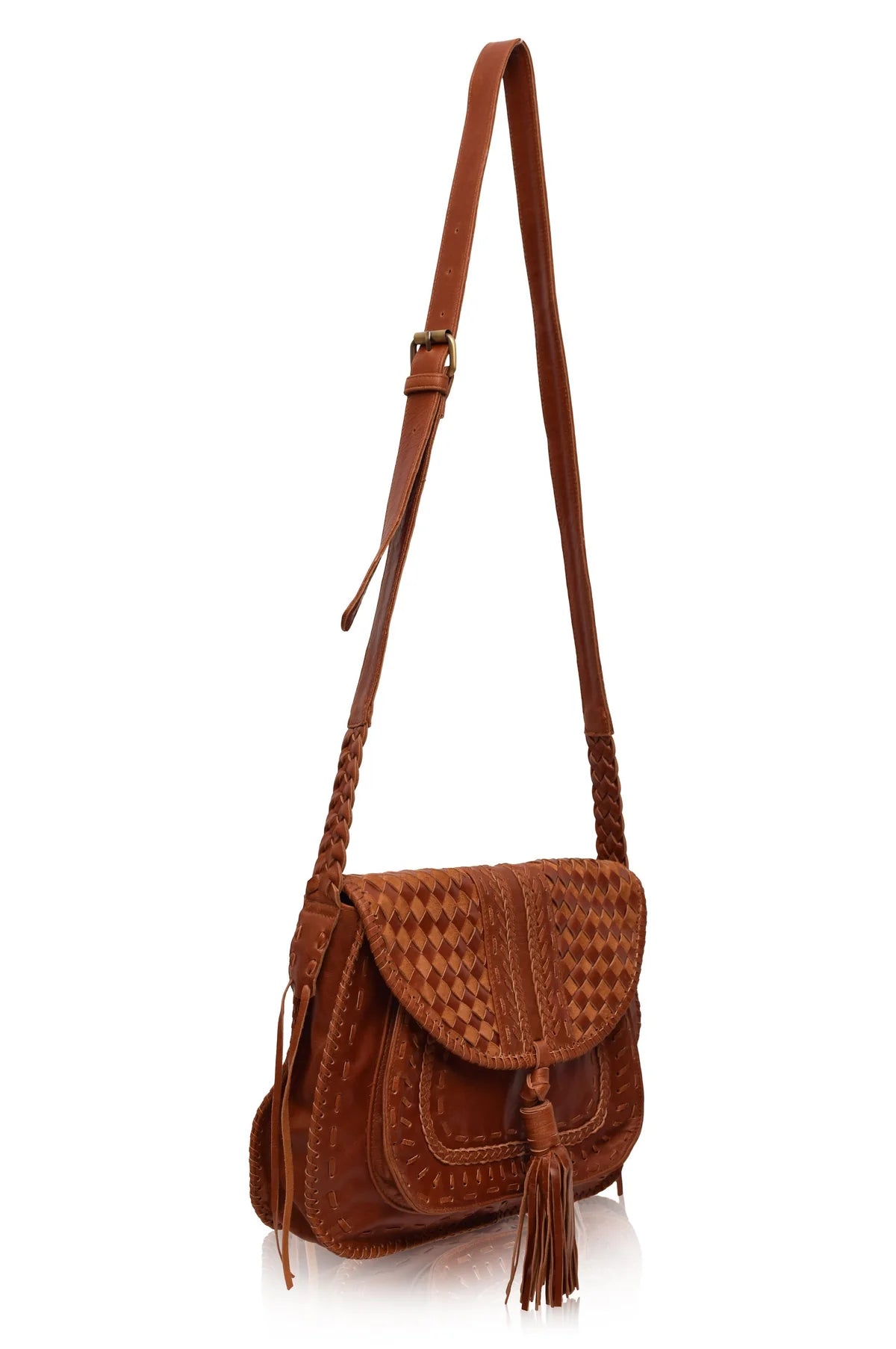 Brown leather handbag with a strap on a white background, 3/4 view