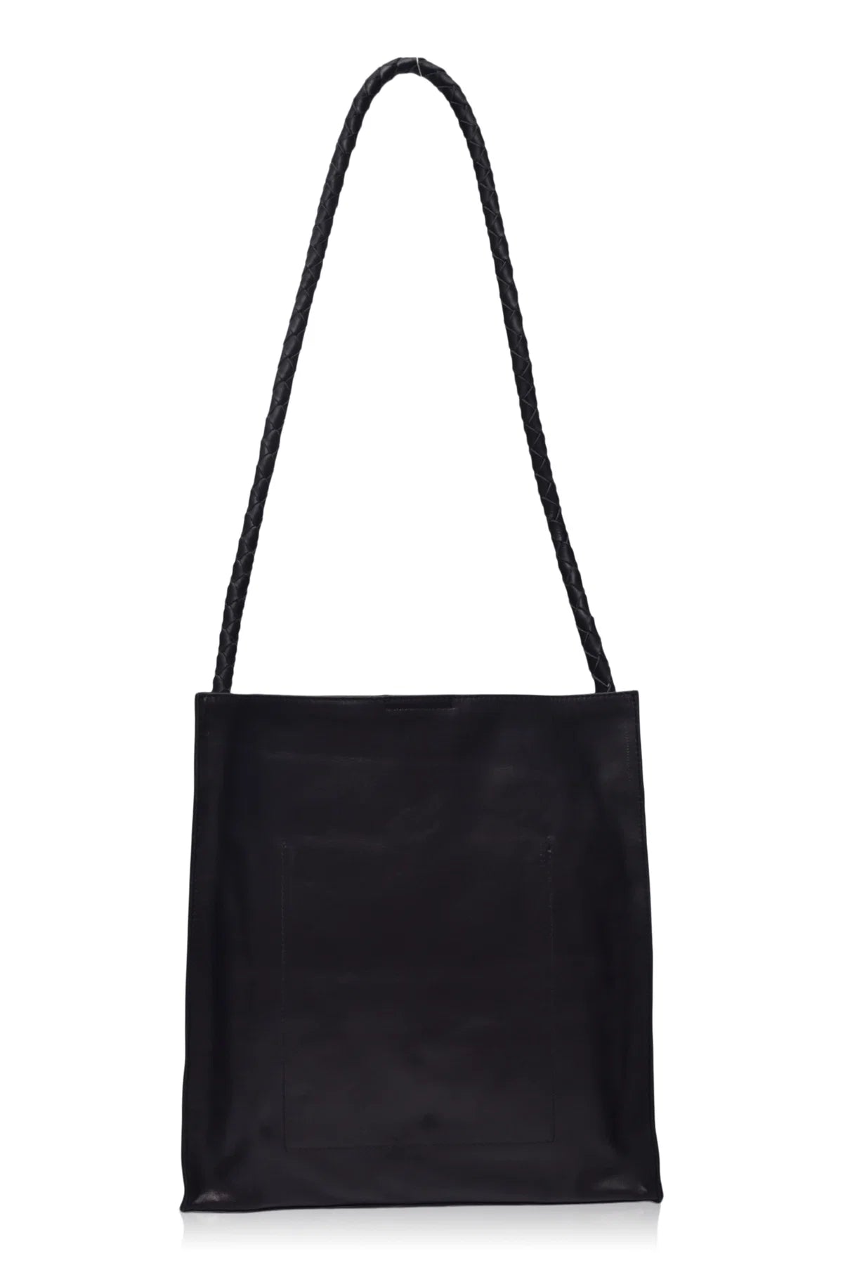 A black leather tote bag with a long, thick braided shoulder strap, shown against a plain white background.